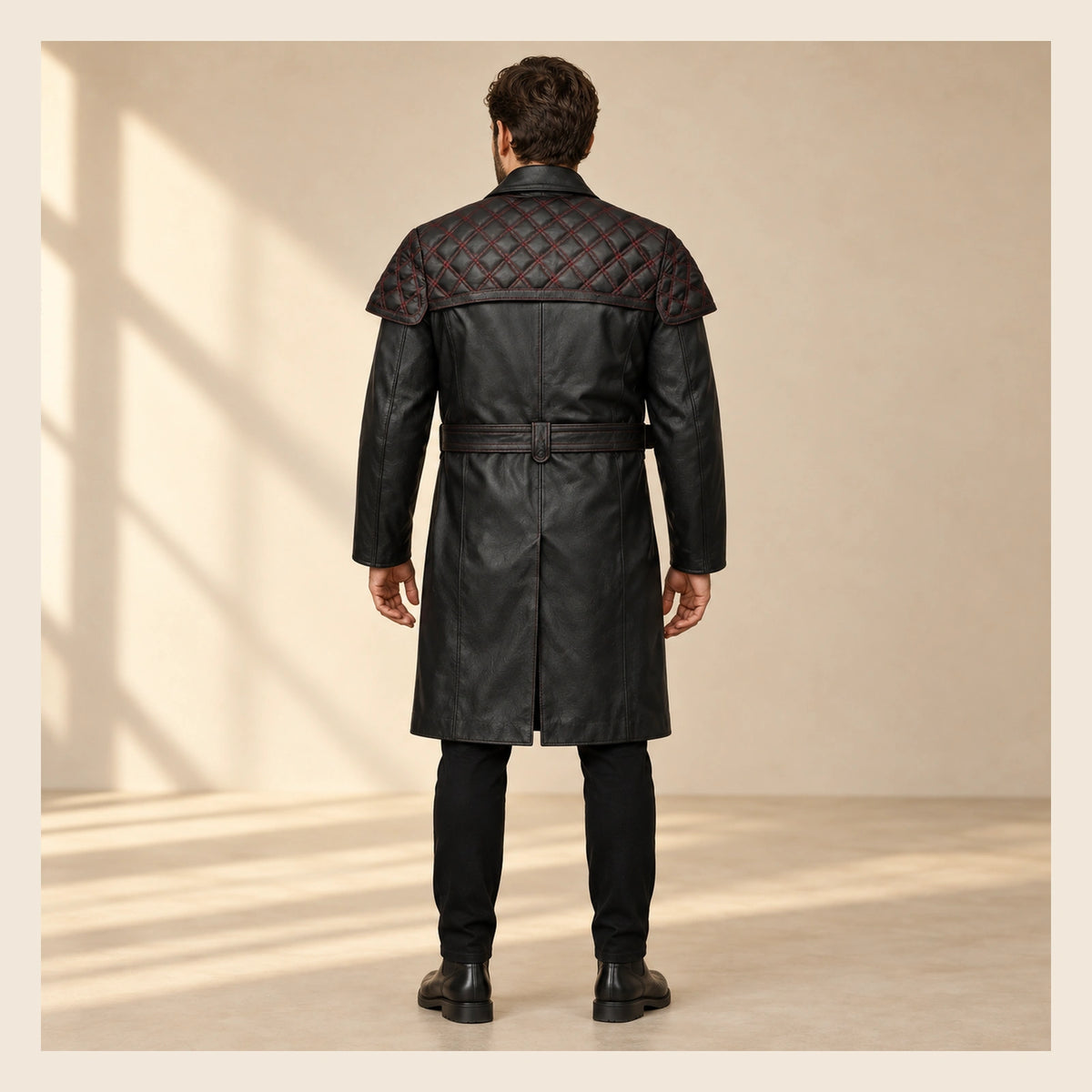 MOTOGRIP Redmere men's Black Quilted Sheepskin Leather Trench Coat, back view on a model.