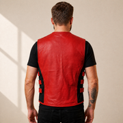 Men's Red SWAT Cowhide Leather Motorcycle Vest - red swat leather vest model back view by MOTOGRIP GEAR