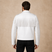 Men's White Fringe Cowhide Leather Biker Jacket - white fringe leather biker jacket model back view by MOTOGRIP GEAR