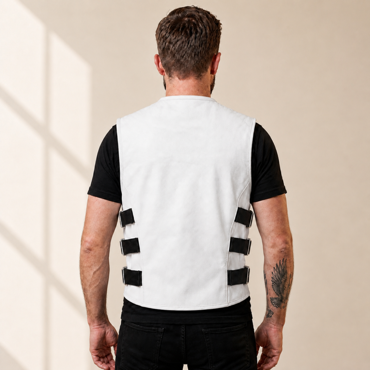 Men's White SWAT Cowhide Leather Motorcycle Vest - white swat leather vest model back view by MOTOGRIP GEAR