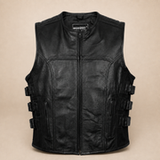 Men's Black SWAT Cowhide Leather Motorcycle Vest - black swat leather vest product front view by MOTOGRIP GEAR