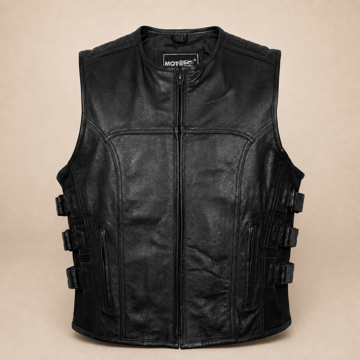 Men's Black SWAT Cowhide Leather Motorcycle Vest - black swat leather vest product front view by MOTOGRIP GEAR