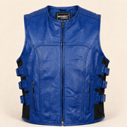 Men's Blue SWAT Cowhide Leather Motorcycle Vest - blue swat leather vest product front view by MOTOGRIP GEAR