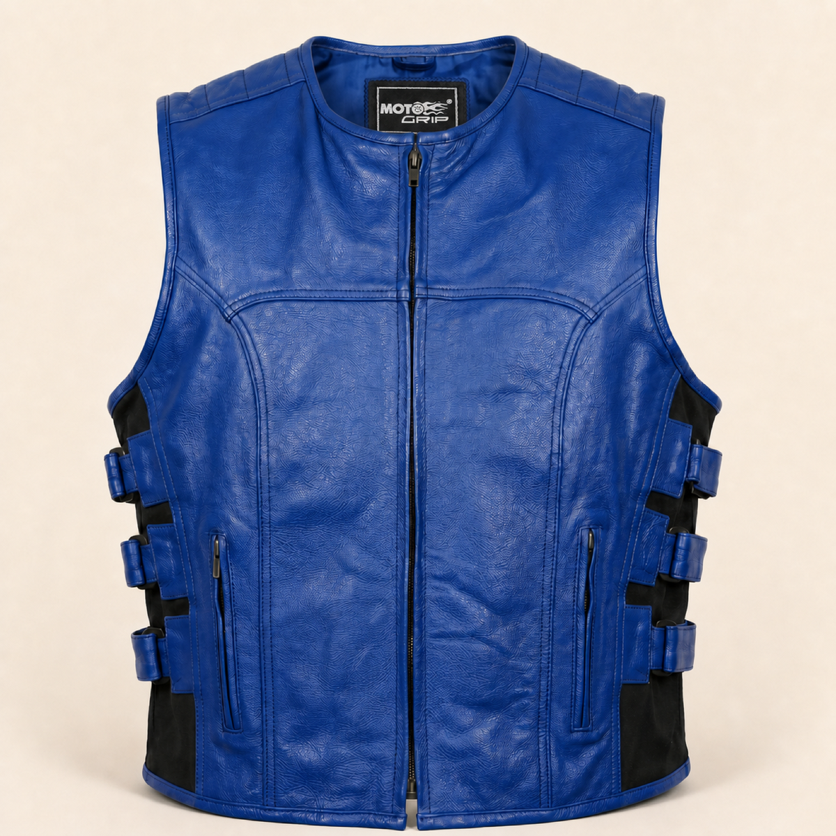 Men's Blue SWAT Cowhide Leather Motorcycle Vest - blue swat leather vest product front view by MOTOGRIP GEAR