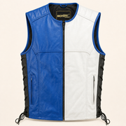 Men's Blue & White Lace-Side Cowhide Leather Motorcycle Vest - blue white lace cowhide vest product front view by MOTOGRIP GE
