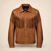 Men's Distressed Cowhide Western Fringe Jacket - brown fringe jacket product front view by MOTOGRIP GEAR