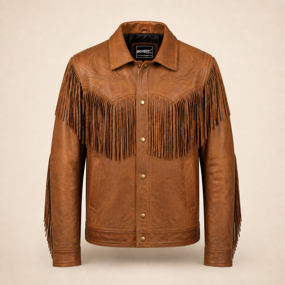 Men's Distressed Cowhide Western Fringe Jacket - brown fringe jacket product front view by MOTOGRIP GEAR
