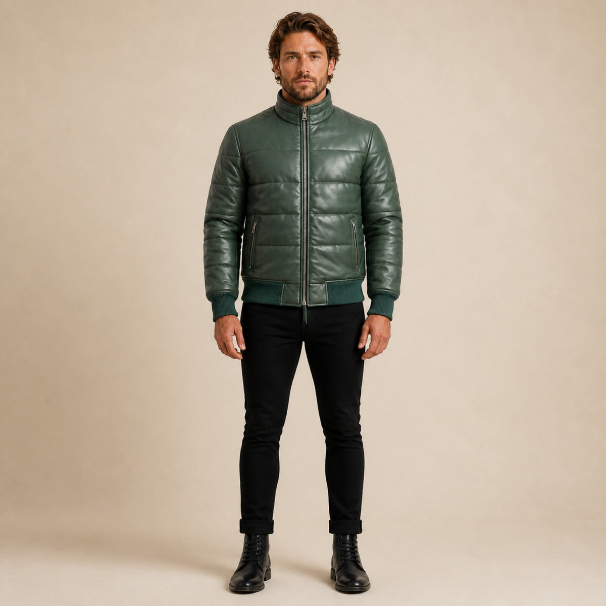 Men's Semi-Aniline Sheepskin Leather Puffer Bomber Jacket - forest green model full front view by MOTOGRIP GEAR