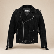 Men's Suede Fringe Biker Jacket - mens black suede fringe biker jacket product front view by MOTOGRIP GEAR