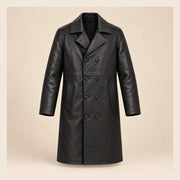 MOTOGRIP Ashvale men's Black Sheepskin Leather Trench Coat, front view.