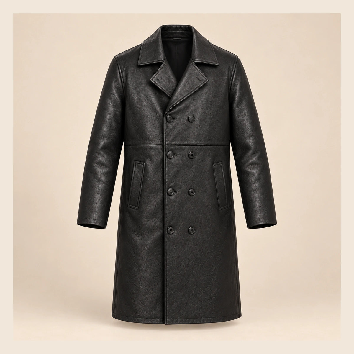 MOTOGRIP Ashvale men's Black Sheepskin Leather Trench Coat, front view.