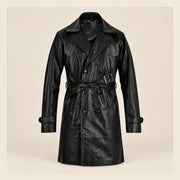 MOTOGRIP Bramwell men's 1970s Black Leather Trench Coat, front view.