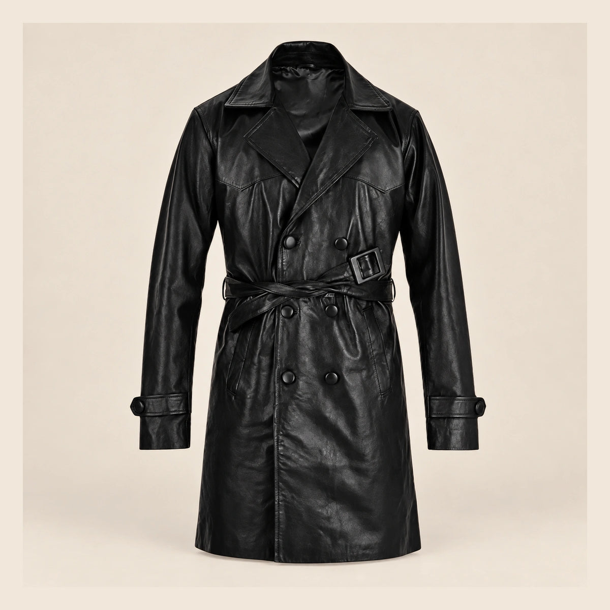 MOTOGRIP Bramwell men's 1970s Black Leather Trench Coat, front view.