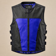 Men's Black & Blue Perforated Leather Motorcycle Vest - motogrip mens black blue perforated leather motorcycle vest product f