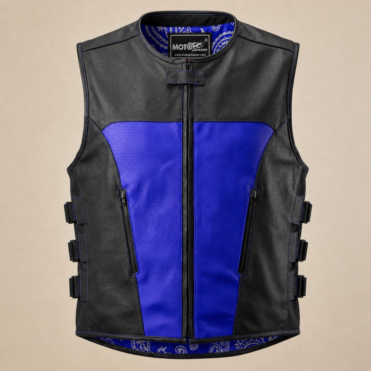 Men's Black & Blue Perforated Leather Motorcycle Vest - motogrip mens black blue perforated leather motorcycle vest product f