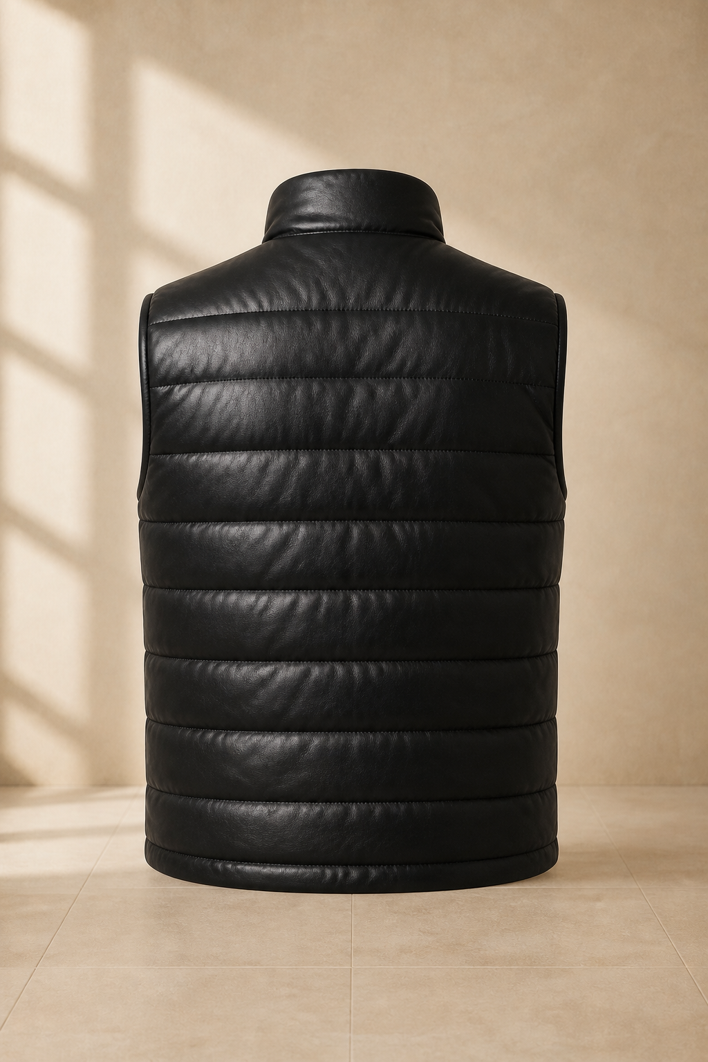 Men's Black Quilted Lambskin Leather Puffer Vest - motogrip mens black lambskin leather puffer vest back view by MOTOGRIP GEA