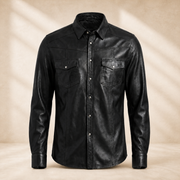 Men's Black Lambskin Leather Biker Shirt - motogrip mens black lambskin leather shirt front view by MOTOGRIP GEAR
