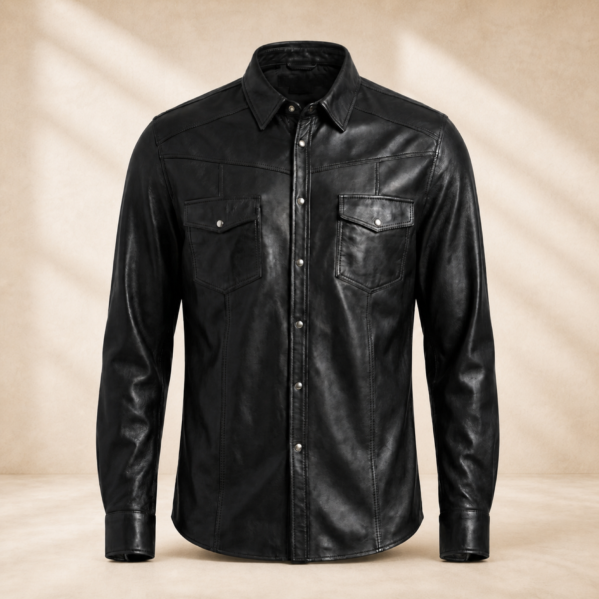 Men's Black Lambskin Leather Biker Shirt - motogrip mens black lambskin leather shirt front view by MOTOGRIP GEAR