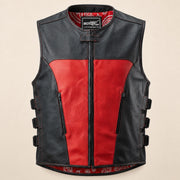 Men's Black & Red Perforated Leather Motorcycle Vest - motogrip mens black red perforated leather motorcycle vest product fro