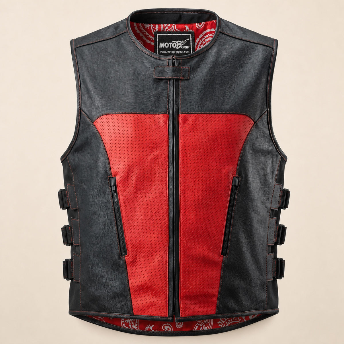 Men's Black & Red Perforated Leather Motorcycle Vest - motogrip mens black red perforated leather motorcycle vest product fro