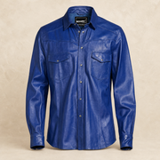 Men's Blue Lambskin Leather Biker Shirt - motogrip mens blue lambskin leather shirt front view by MOTOGRIP GEAR