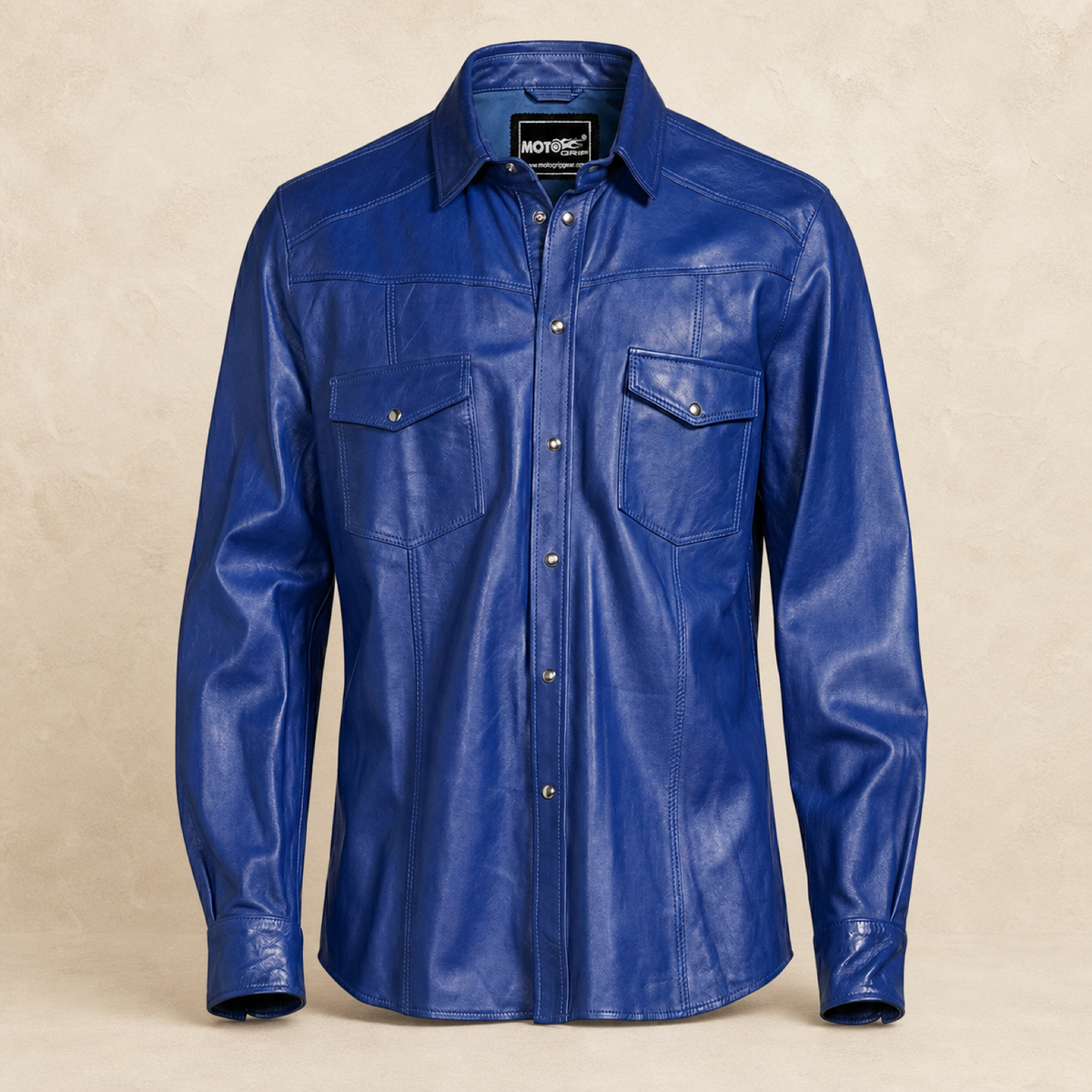 Men's Blue Lambskin Leather Biker Shirt - motogrip mens blue lambskin leather shirt front view by MOTOGRIP GEAR