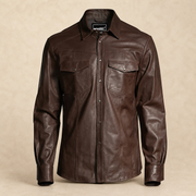 Men's Brown Lambskin Leather Biker Shirt - motogrip mens brown lambskin leather shirt front view by MOTOGRIP GEAR