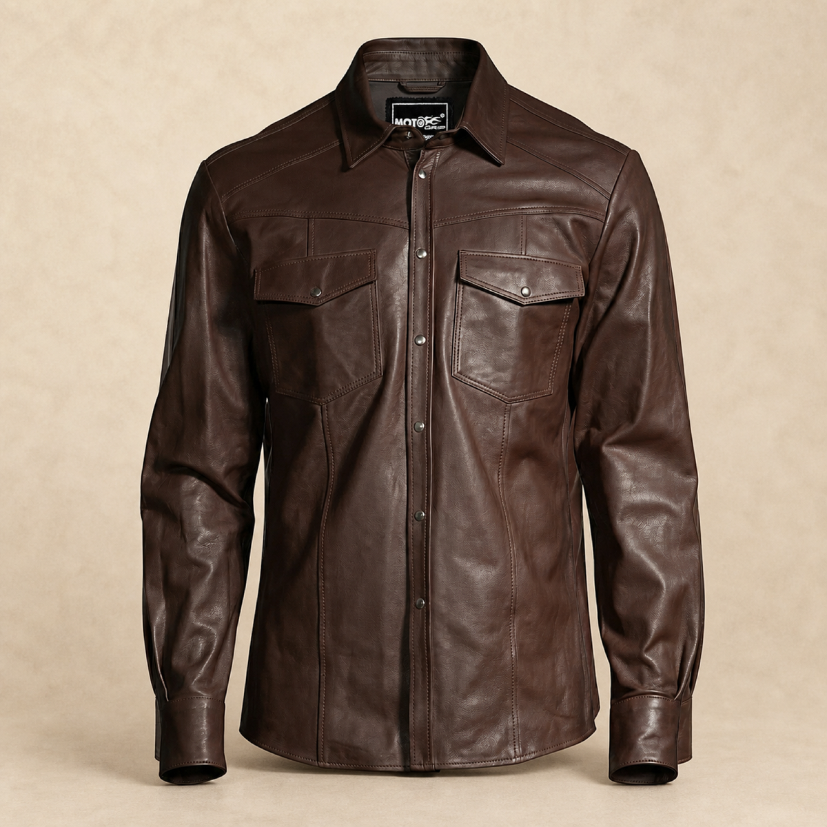 Men's Brown Lambskin Leather Biker Shirt - motogrip mens brown lambskin leather shirt front view by MOTOGRIP GEAR