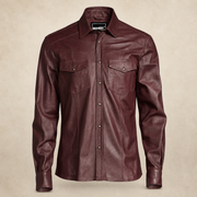 Men's Burgundy Lambskin Leather Biker Shirt - motogrip mens burgundy lambskin leather shirt front view by MOTOGRIP GEAR