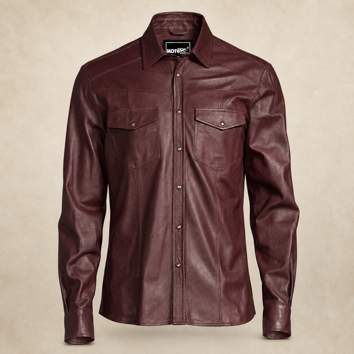 Men's Burgundy Lambskin Leather Biker Shirt - motogrip mens burgundy lambskin leather shirt front view by MOTOGRIP GEAR