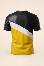 MOTOGRIP men's black, white and mustard lambskin leather T-shirt, rear view
