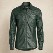 Men's Forest Green Lambskin Leather Shirt - motogrip mens forest green lambskin leather shirt product front view by MOTOGRIP
