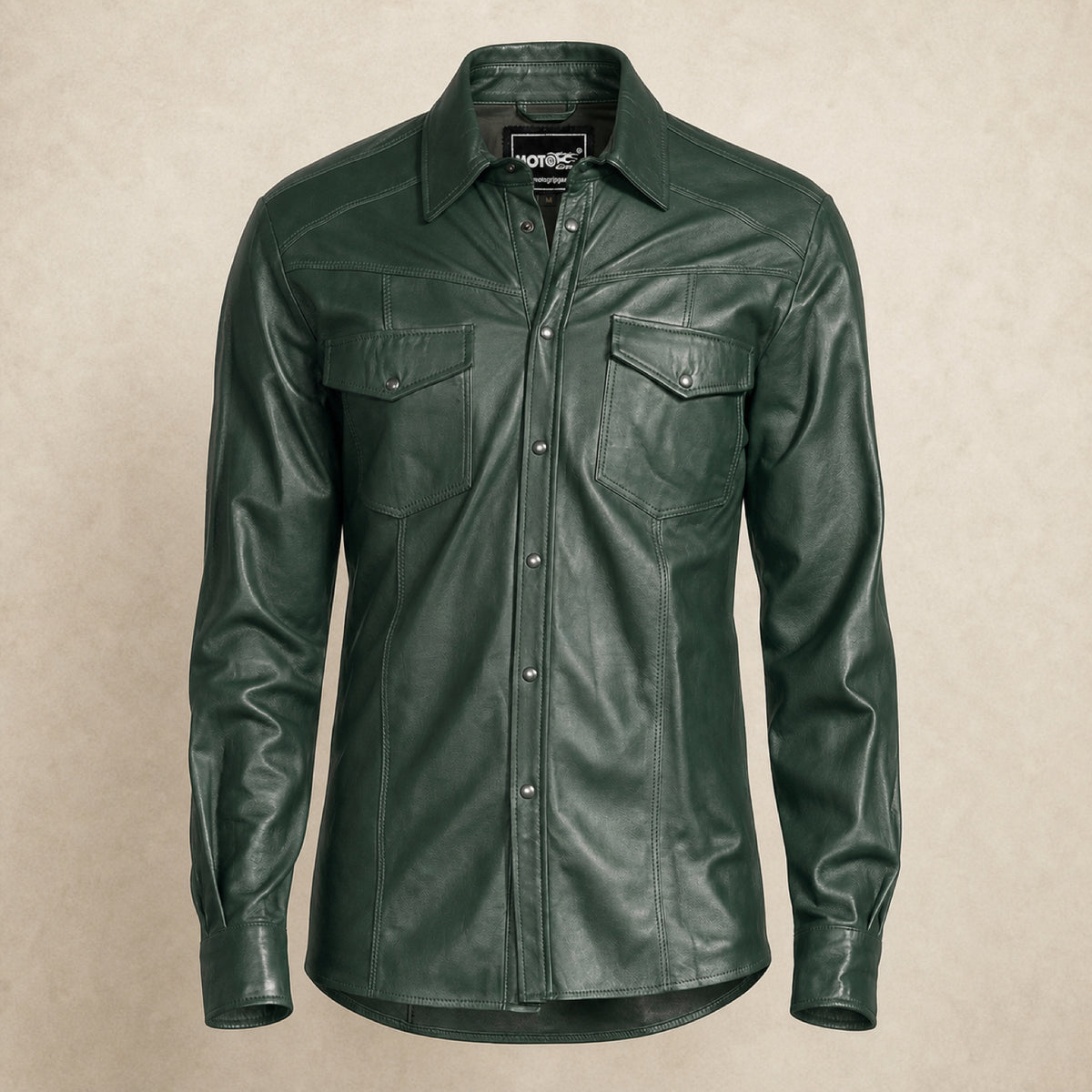 Men's Forest Green Lambskin Leather Shirt - motogrip mens forest green lambskin leather shirt product front view by MOTOGRIP