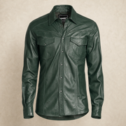 Men's Green Lambskin Leather Biker Shirt - motogrip mens green lambskin leather shirt front view by MOTOGRIP GEAR
