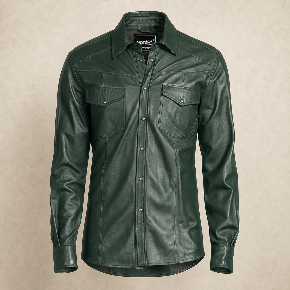 Men's Green Lambskin Leather Biker Shirt - motogrip mens green lambskin leather shirt front view by MOTOGRIP GEAR