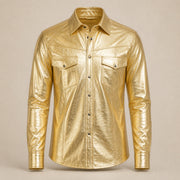 Men's Metallic Gold Lambskin Leather Shirt - motogrip mens metallic gold lambskin leather shirt product front view by MOTOGRI