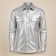 Men's Metallic Silver Lambskin Leather Shirt - motogrip mens metallic silver lambskin leather shirt product front view by MOT