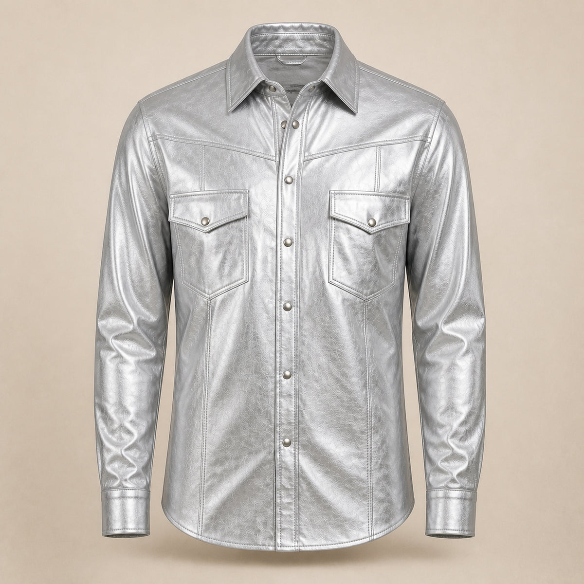 Men's Metallic Silver Lambskin Leather Shirt - motogrip mens metallic silver lambskin leather shirt product front view by MOT