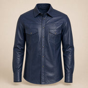 Men's Navy Lambskin Leather Shirt - motogrip mens navy lambskin leather shirt product front view by MOTOGRIP GEAR