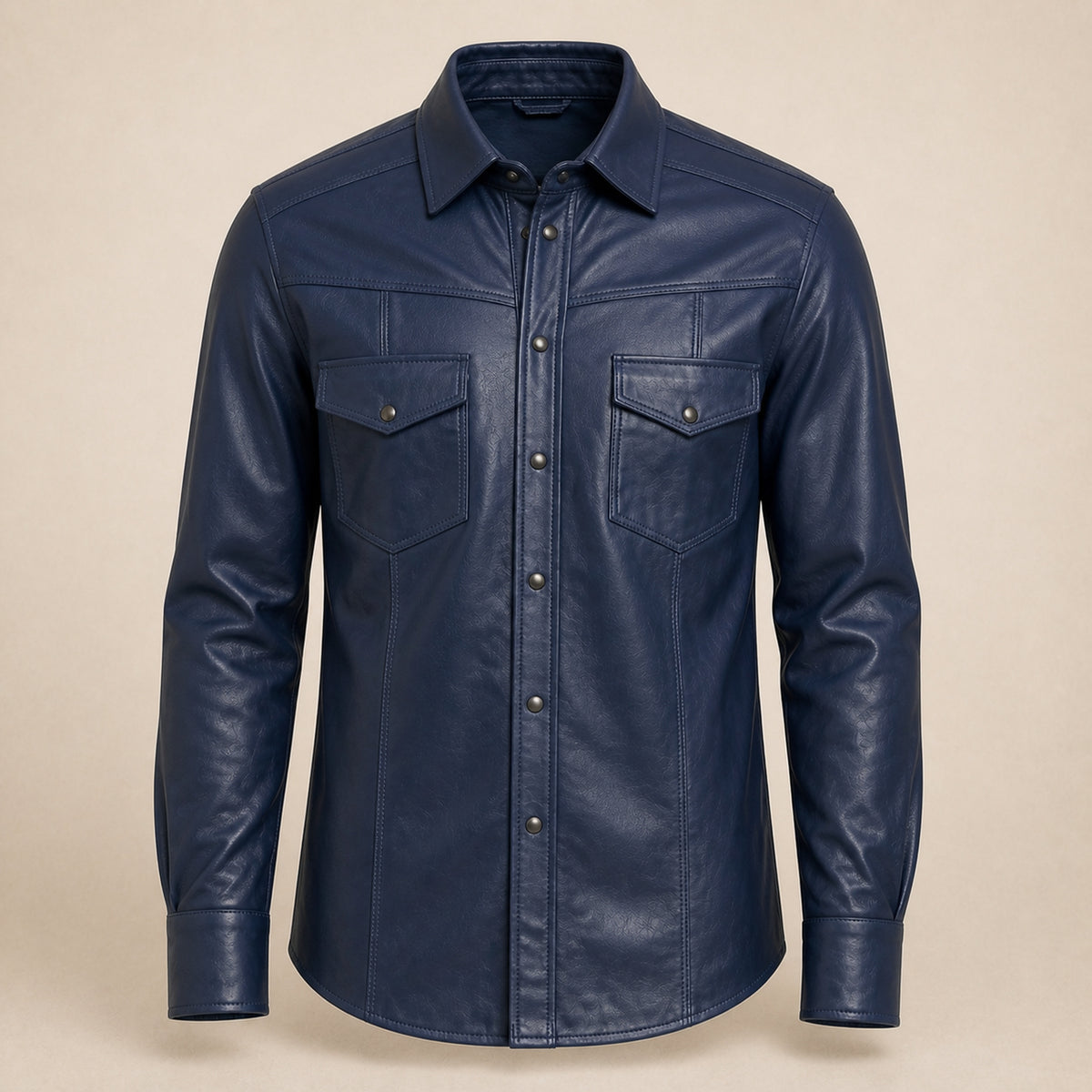 Men's Navy Lambskin Leather Shirt - motogrip mens navy lambskin leather shirt product front view by MOTOGRIP GEAR