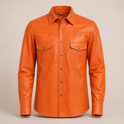 Men's Orange Lambskin Leather Shirt - motogrip mens orange lambskin leather shirt product front view by MOTOGRIP GEAR