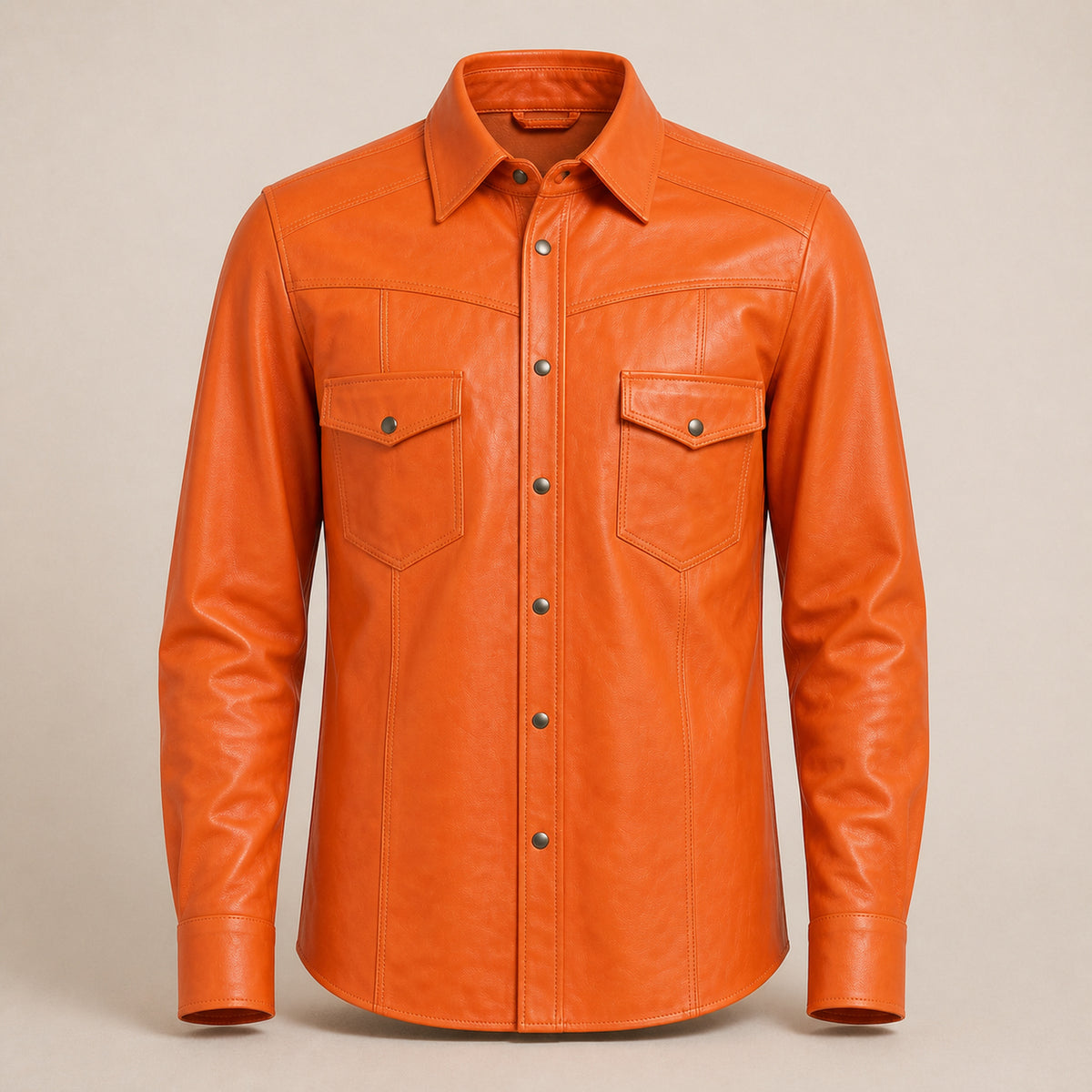 Men's Orange Lambskin Leather Shirt - motogrip mens orange lambskin leather shirt product front view by MOTOGRIP GEAR
