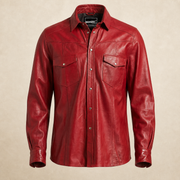 Men's Red Lambskin Leather Biker Shirt - motogrip mens red lambskin leather shirt front view by MOTOGRIP GEAR