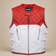 Men's White & Red Quilted Cowhide Leather Motorcycle Vest - motogrip mens red white quilted swat leather vest product front v