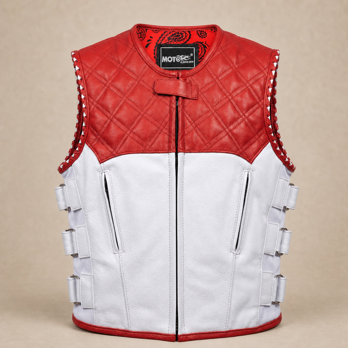 Men's White & Red Quilted Cowhide Leather Motorcycle Vest - motogrip mens red white quilted swat leather vest product front v