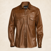 Men's Tan Lambskin Leather Biker Shirt - motogrip mens tan lambskin leather shirt front view by MOTOGRIP GEAR