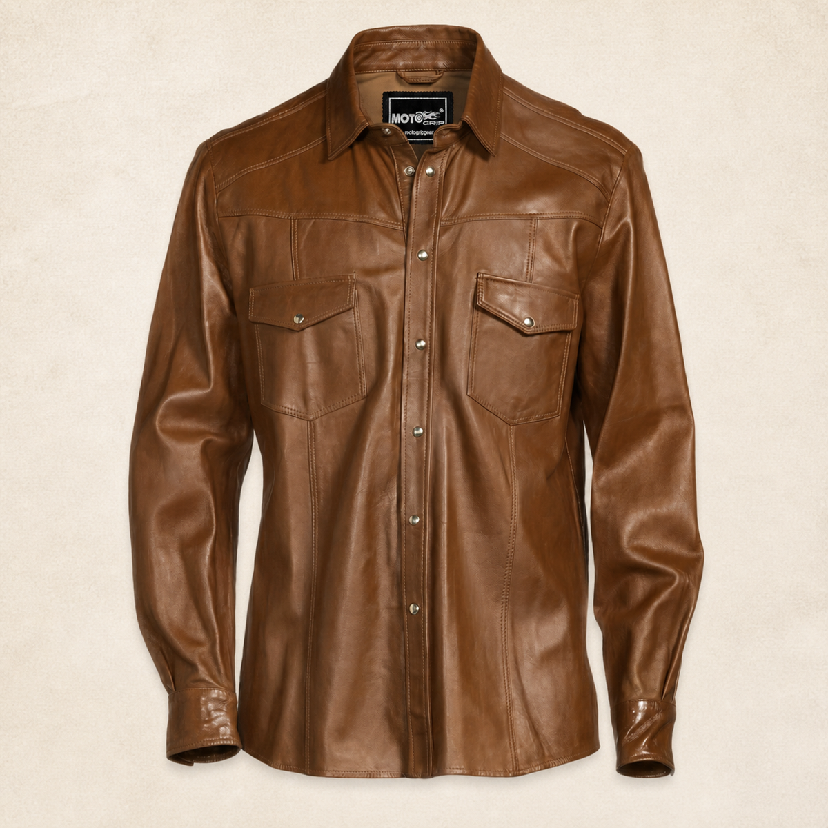 Men's Tan Lambskin Leather Biker Shirt - motogrip mens tan lambskin leather shirt front view by MOTOGRIP GEAR