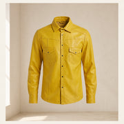 Men's Yellow Lambskin Leather Shirt - motogrip mens yellow lambskin leather shirt product front view by MOTOGRIP GEAR