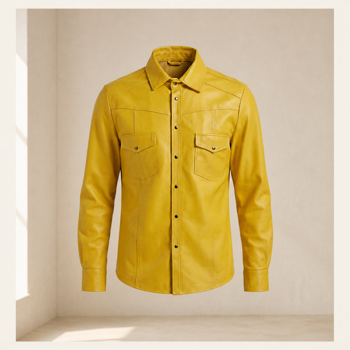 Men's Yellow Lambskin Leather Shirt - motogrip mens yellow lambskin leather shirt product front view by MOTOGRIP GEAR