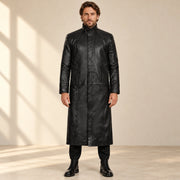 Man wearing the Nightwarden black Napa leather trench coat from the front